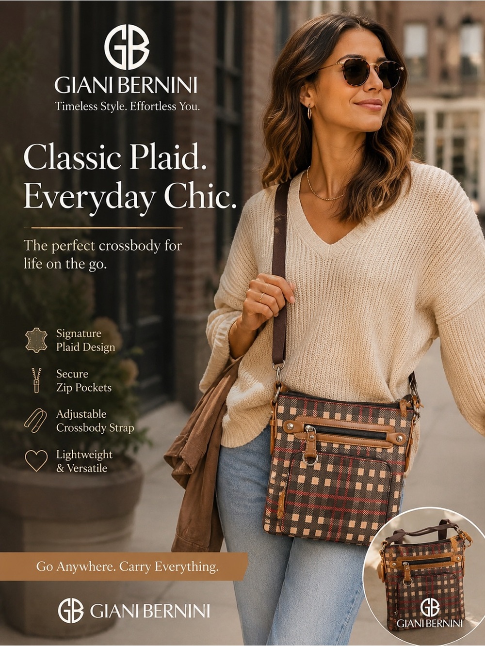 Giani Bernini Brown Plaid Crossbody with Tan Trim